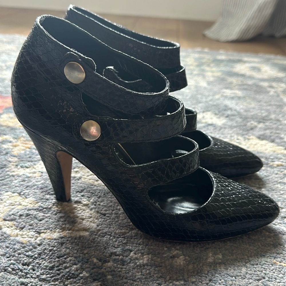 Loeffler Randall black snakeskin strap heels 8.5